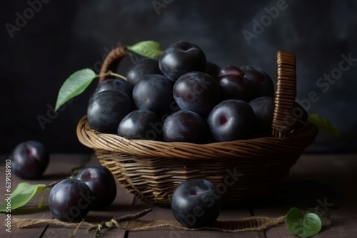 Black plums basket food. Generate Ai
