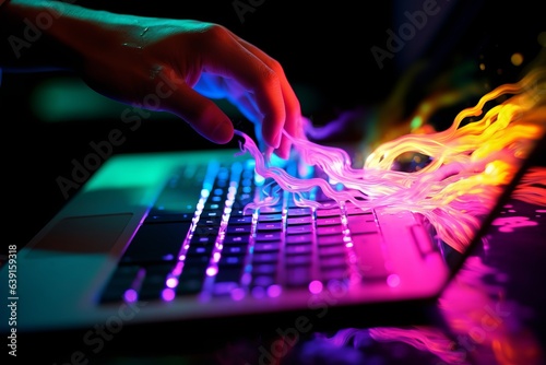 Human hand is touching colorful keyboard on laptop. Beautiful illustration picture. Generative AI