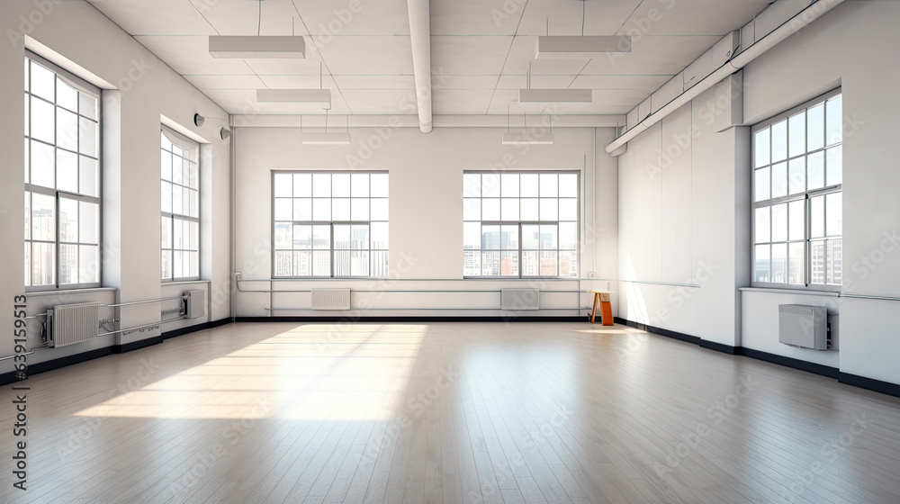 Fototapeta premium Minimal style interior room with white wall. dance hall, office space