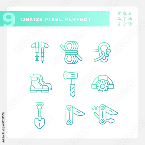 2D pixel perfect collection of icons representing hiking gear, green isolated gradient thin line illustration.