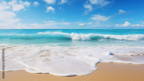 Soft blue ocean wave on clean sandy beach, crashing waves on the shoreline, tropical beach surf Generative AI