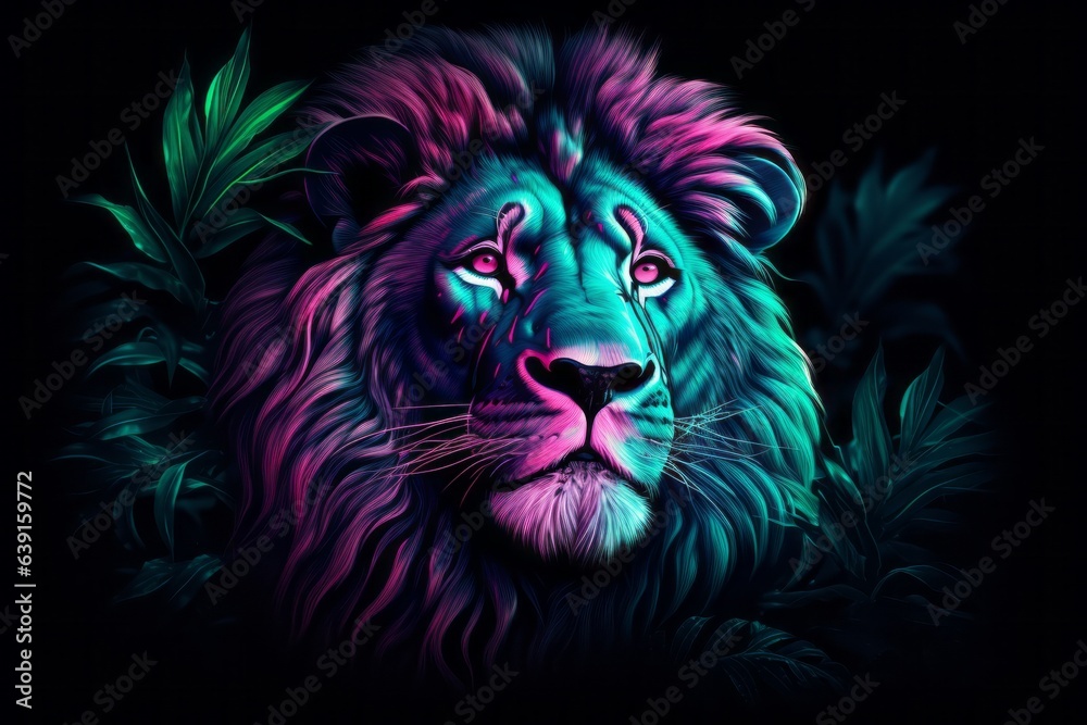 Lion in the painting style, neon colors. Beautiful illustration picture. Generative AI
