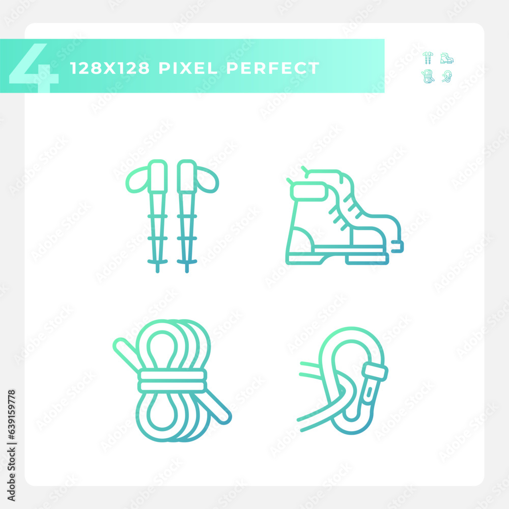 2D pixel perfect gradient icons set representing hiking gear, green isolated thin linear illustration. 2D pixel perfect gradient icons set representing hiking gear, green isolated thin linear illustration.