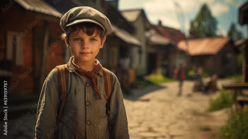 Little boy in the village. Beautiful illustration picture. Generative AI