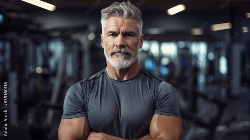 Mature fitness coach in the gym. Beautiful illustration picture. Generative AI