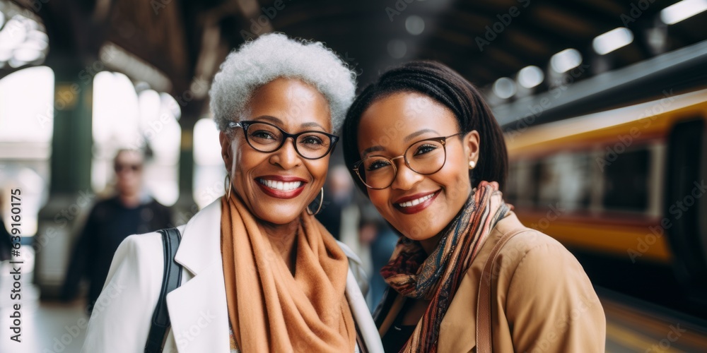 Mature black women are in railway station. Beautiful illustration picture. Generative AI