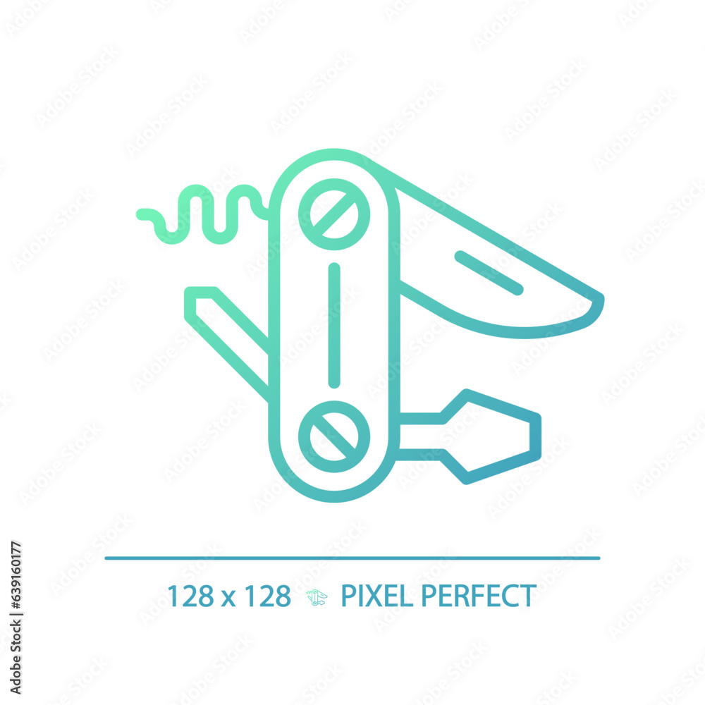 2D pixel perfect gradient utility knife icon, isolated vector, green hiking gear thin line illustration. 2D pixel perfect gradient utility knife icon, isolated vector, green hiking gear thin line illustration.