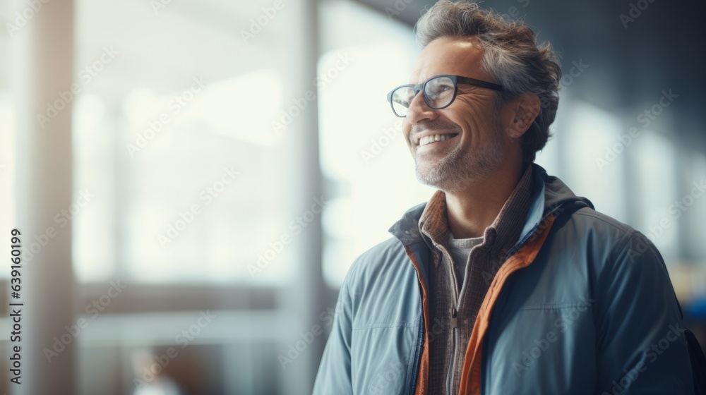 Fototapeta premium Happy mature man is in the airport. Beautiful illustration picture. Generative AI