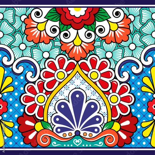 Mexcian Talavera seamless vector pattern - decorative floral pottery or ceramics style - wallpaper, textile or fabric print
