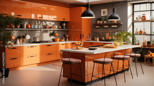 Yellow Glance Kitchen interior in modern style with light worktop with kitchen utensils.