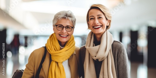 Two women are in the airport. Beautiful illustration picture. Generative AI