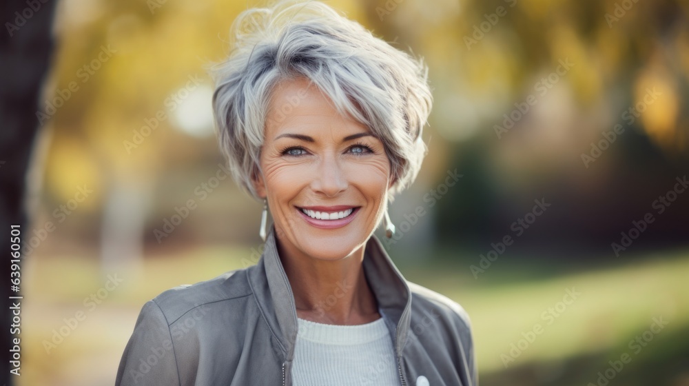 Portrait of mature woman that is in park. Beautiful illustration picture. Generative AI Portrait of mature woman that is in park. Beautiful illustration picture. Generative AI