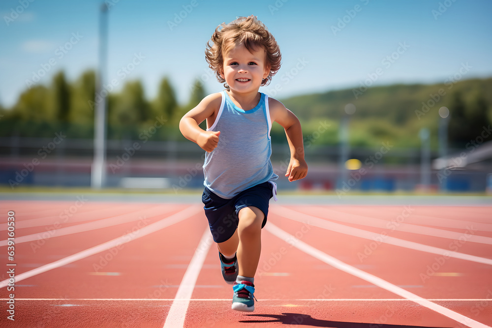 Obraz premium Little child running filled with joy and energy running on athletic track, young boy runner training on the stadium. Concept of sport, fitness, achievements, studying