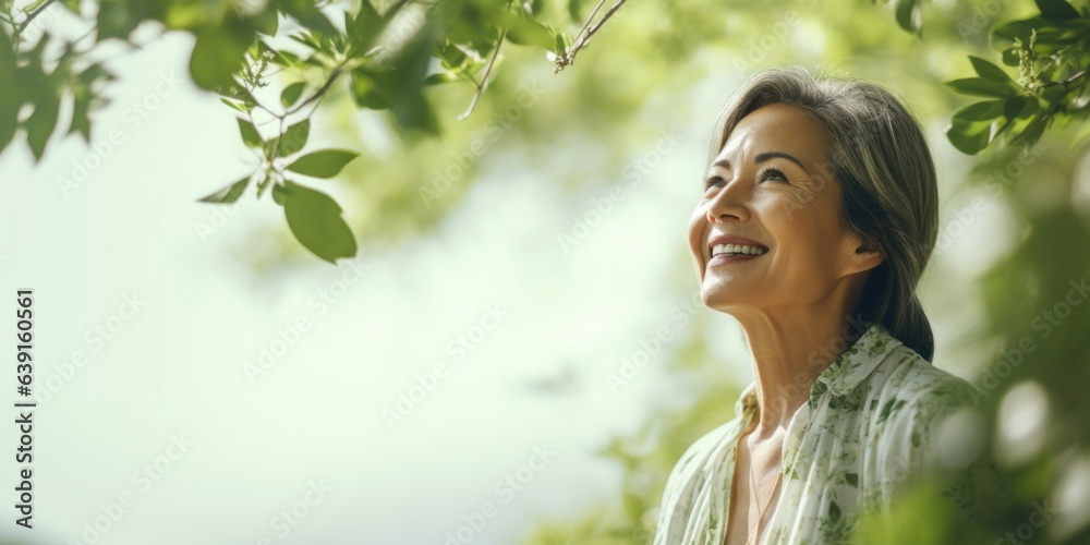Green leaves, mature woman is outdoors. Beautiful illustration picture. Generative AI Green leaves, mature woman is outdoors. Beautiful illustration picture. Generative AI