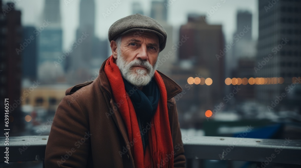 Stylish mature man in the city. Beautiful illustration picture. Generative AI