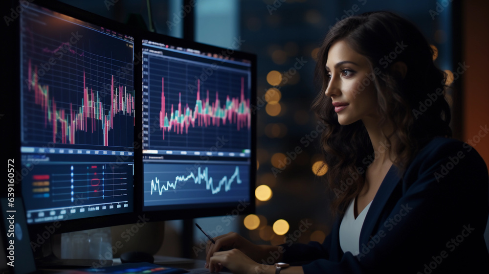 Young female analyst studying graphs on her monitor, financial, investment strategy department Young female analyst studying graphs on her monitor, financial, investment strategy department