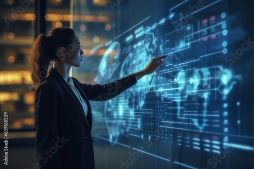 Businesswoman using a big screen to analyse data, futuristic holographic blue screen interface with hand