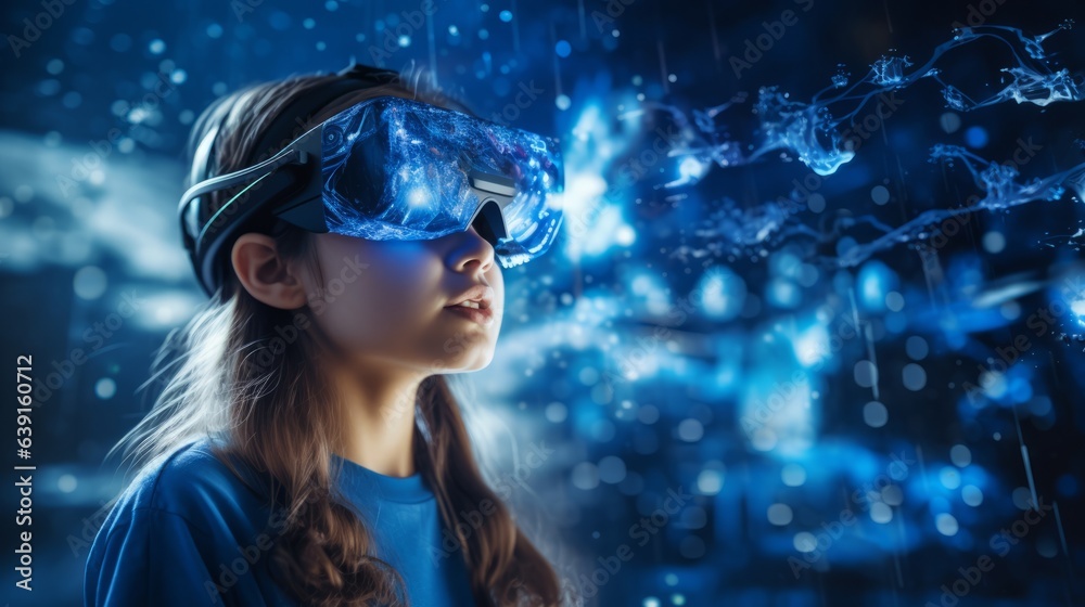 Girl in virtual reality glasses. Beautiful illustration picture. Generative AI Girl in virtual reality glasses. Beautiful illustration picture. Generative AI
