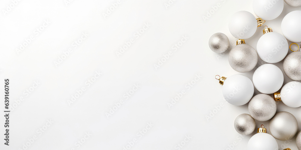 White minimal background. Flat lay design with white balls, golden christmas decoration. Christmas and New Years. Top view. Layout. Template, poster, banner,cover, brochure. Generative ai White minimal background. Flat lay design with white balls, golden christmas decoration. Christmas and New Years. Top view. Layout. Template, poster, banner,cover, brochure. Generative ai