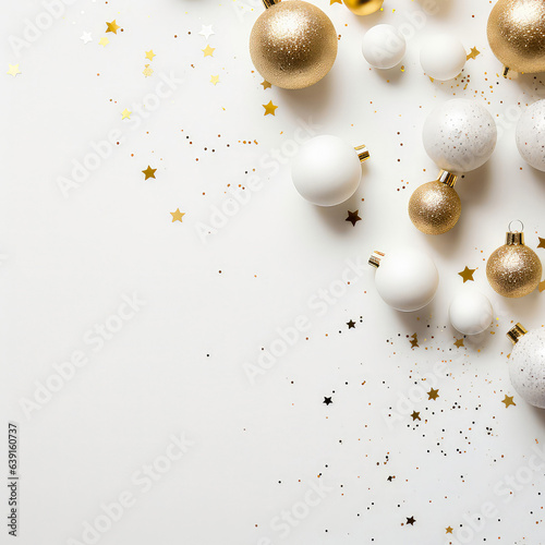 Christmas and New Years minimal background. Flat lay design with white balls, golden christmas decoration. Top view. Layout. Template, poster, banner,cover, brochure. Generative ai