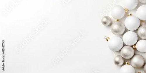 White minimal background. Flat lay design with white balls, golden christmas decoration. Christmas and New Years. Top view. Layout. Template, poster, banner,cover, brochure. Generative ai