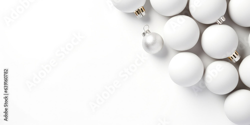 White minimal background. Flat lay design with white balls, golden christmas decoration. Christmas and New Years. Top view. Layout. Template, poster, banner,cover, brochure. Generative ai