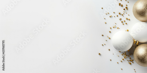 Christmas and New Years minimal background. Flat lay design with white balls  golden christmas decoration. Top view. Layout. Template  poster  banner cover  brochure. Generative ai