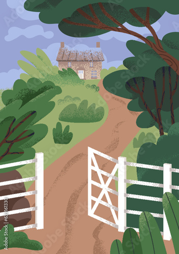 Remote house in nature. Country home with footpath, open fence gate, wicket. Secluded countryside mansion, old rural building, estate in gloomy overcast cloudy weather. Flat vector illustration