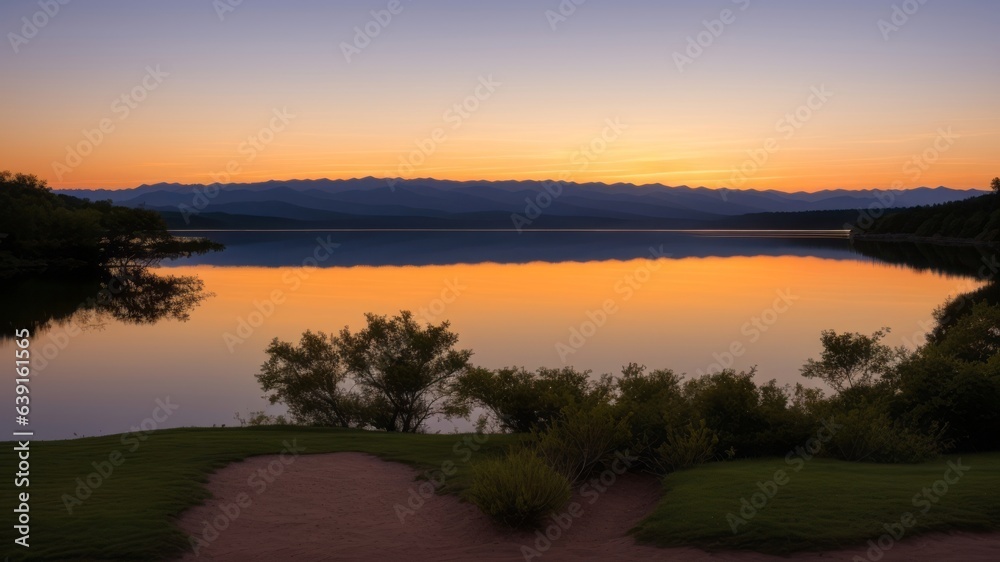 A peaceful nightfall over a serene mountain lake. Creative resource, AI Generated