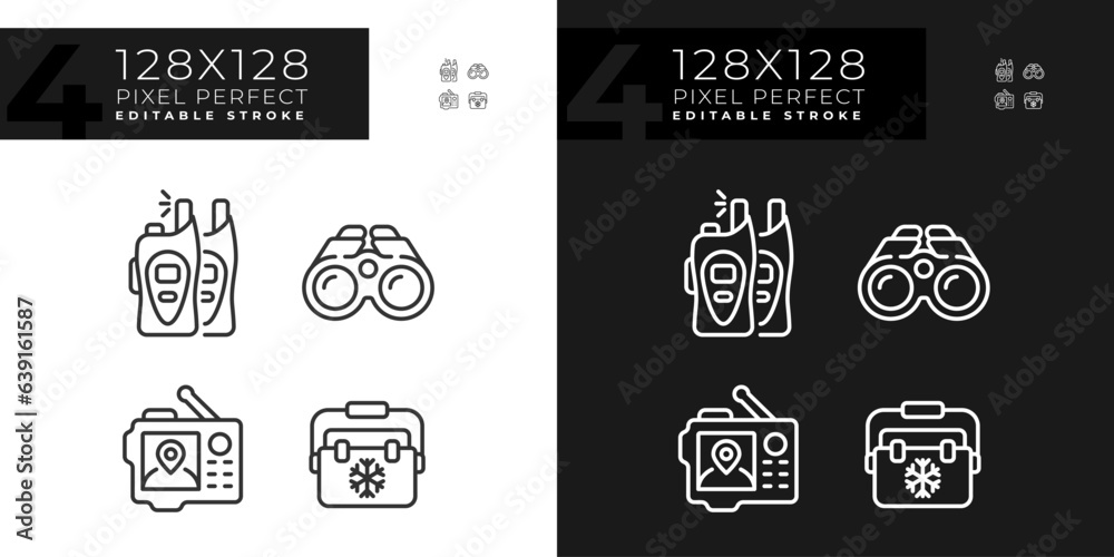 Naklejka premium Pixel perfect dark and light mode icons set representing hiking gear, editable isolated thin linear illustration.