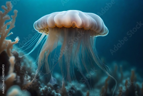 An ethereal jellyfish portrayed in mesmerizing submerged wide scale. Creative resource, AI Generated