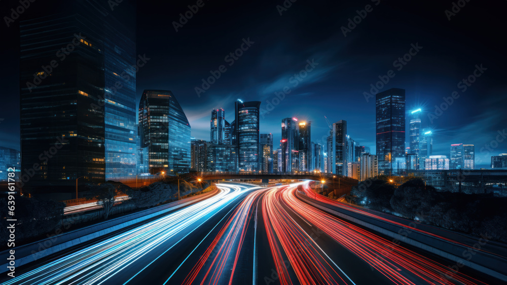 City at night highway time lapse image created with Generative AI technology