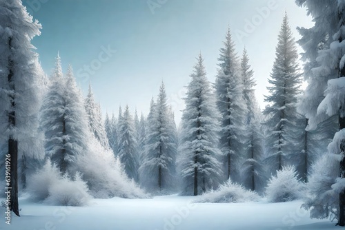 a calm winter scene of snow secured evergreen trees standing in a calm woods. Creative resource, AI Generated