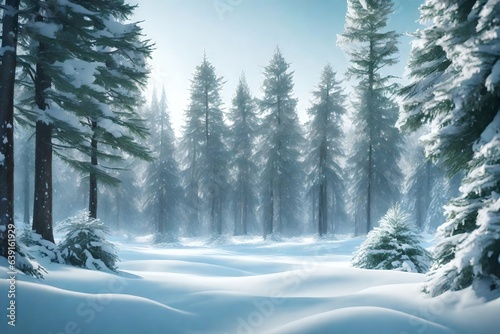 a calm winter scene of snow secured evergreen trees standing in a calm woods. Creative resource, AI Generated