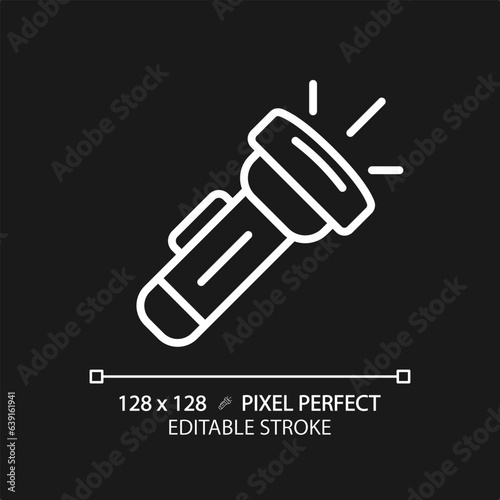 2D pixel perfect white flashlight icon, isolated vector, editable hiking gear thin line illustration.