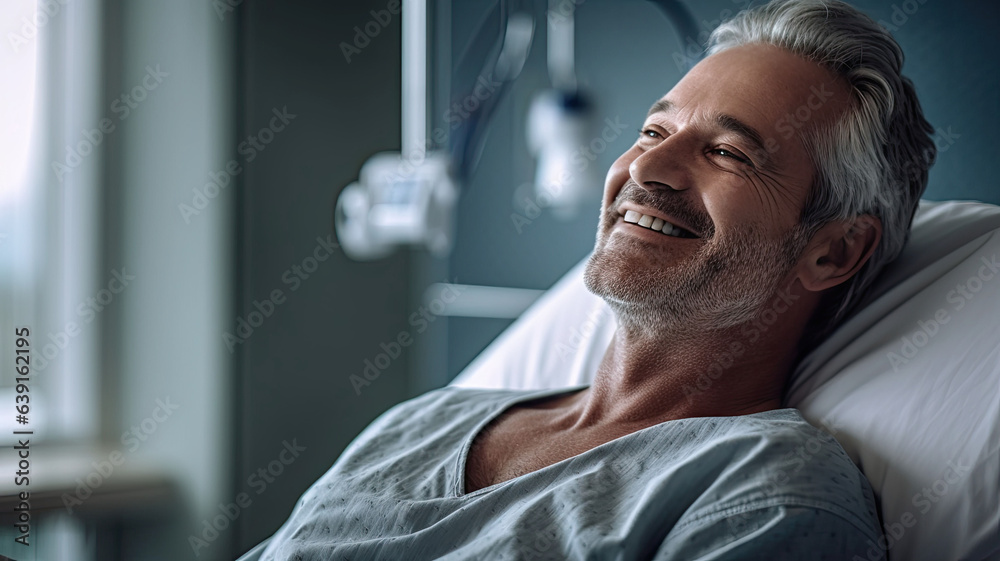 A male patient lying satisfied smiling at modern hospital patient bed.generative ai A male patient lying satisfied smiling at modern hospital patient bed.generative ai