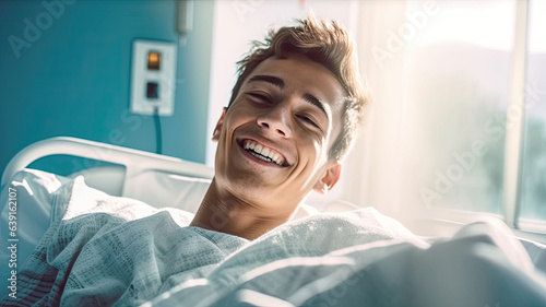A male patient lying satisfied smiling at modern hospital patient bed.generative ai