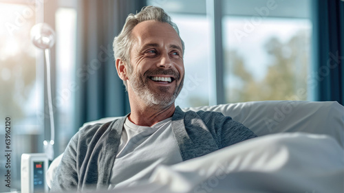 A male patient lying satisfied smiling at modern hospital patient bed.genearative ai photo