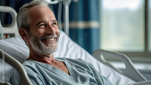 Fotografiet A male patient lying satisfied smiling at modern hospital patient bed