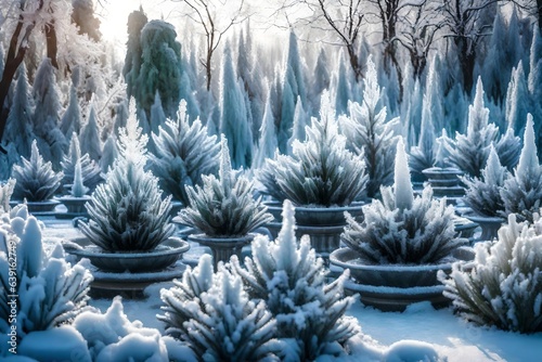 a botanical make changed by winter, with set wellsprings and plants brightened with ice. Creative resource, AI Generated photo