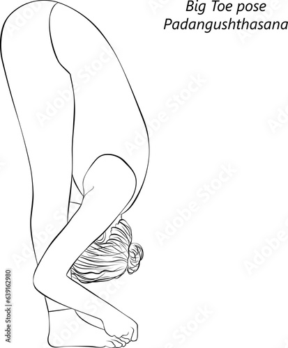 Sketch of young woman practicing yoga, doing Big Toe pose. Padangushthasana. Standing and Forward Bend. Intermediate. Isolated vector illustration.