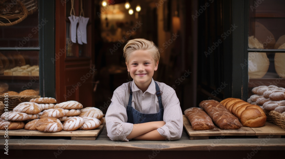 Young seller - the son of the owners of the bakery with shop background