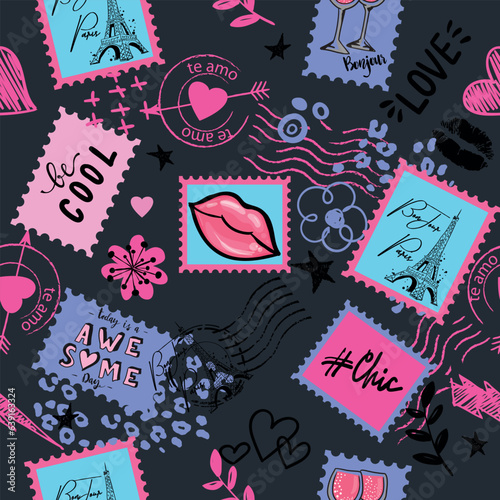 Girls seamless pattern with post stamp, calligraphic slogan, hearts, words  . background for texylie, graphic tees, kids wear. Wallpaper for teenager girls. Fashion style