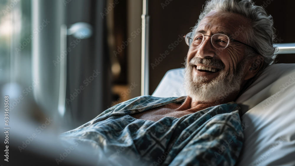 Senior male patient lying satisfied smiling at modern hospital patient bed.