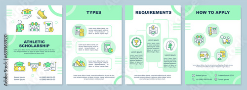 2D athletic scholarship green brochure template, leaflet design with thin line icons, 4 vector layouts.