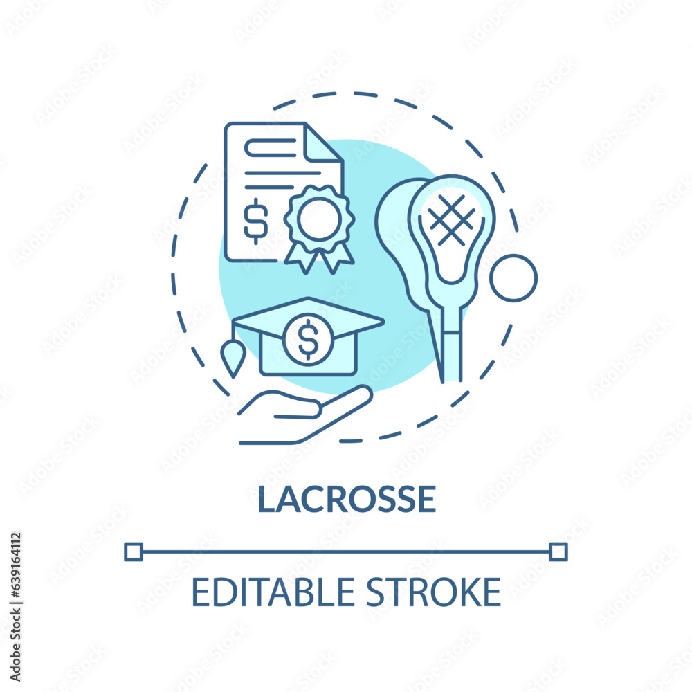 2D editable lacrosse blue thin line icon concept, isolated vector, illustration representing athletic scholarship.