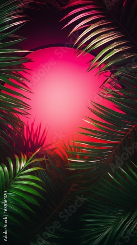 Tropical leaves and neon lights layout. Generative AI © ColdFire