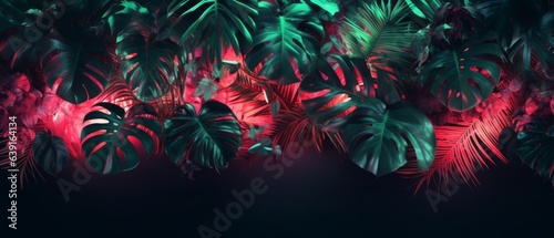 Tropical leaves and neon lights layout. Generative AI photo
