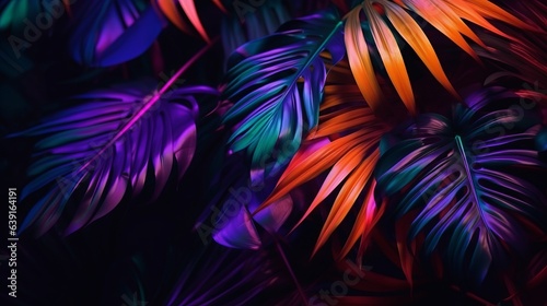 Tropical leaves and neon lights layout. Generative AI