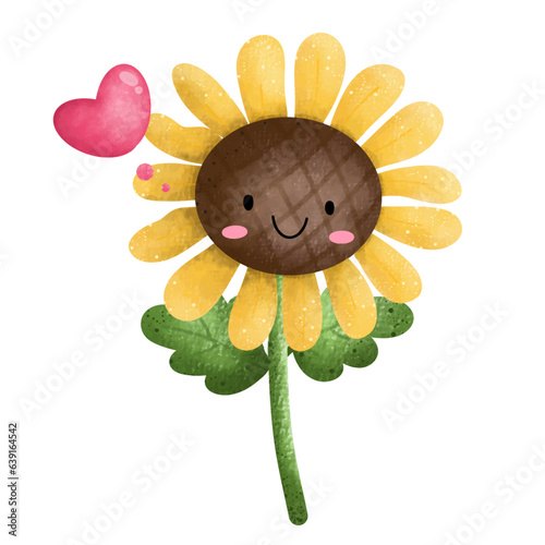 Sunflower in love,floral,Flower,plant,flora,nature,watercolor,cartoon character,cute,icon ,vector, illustration,hand drawn